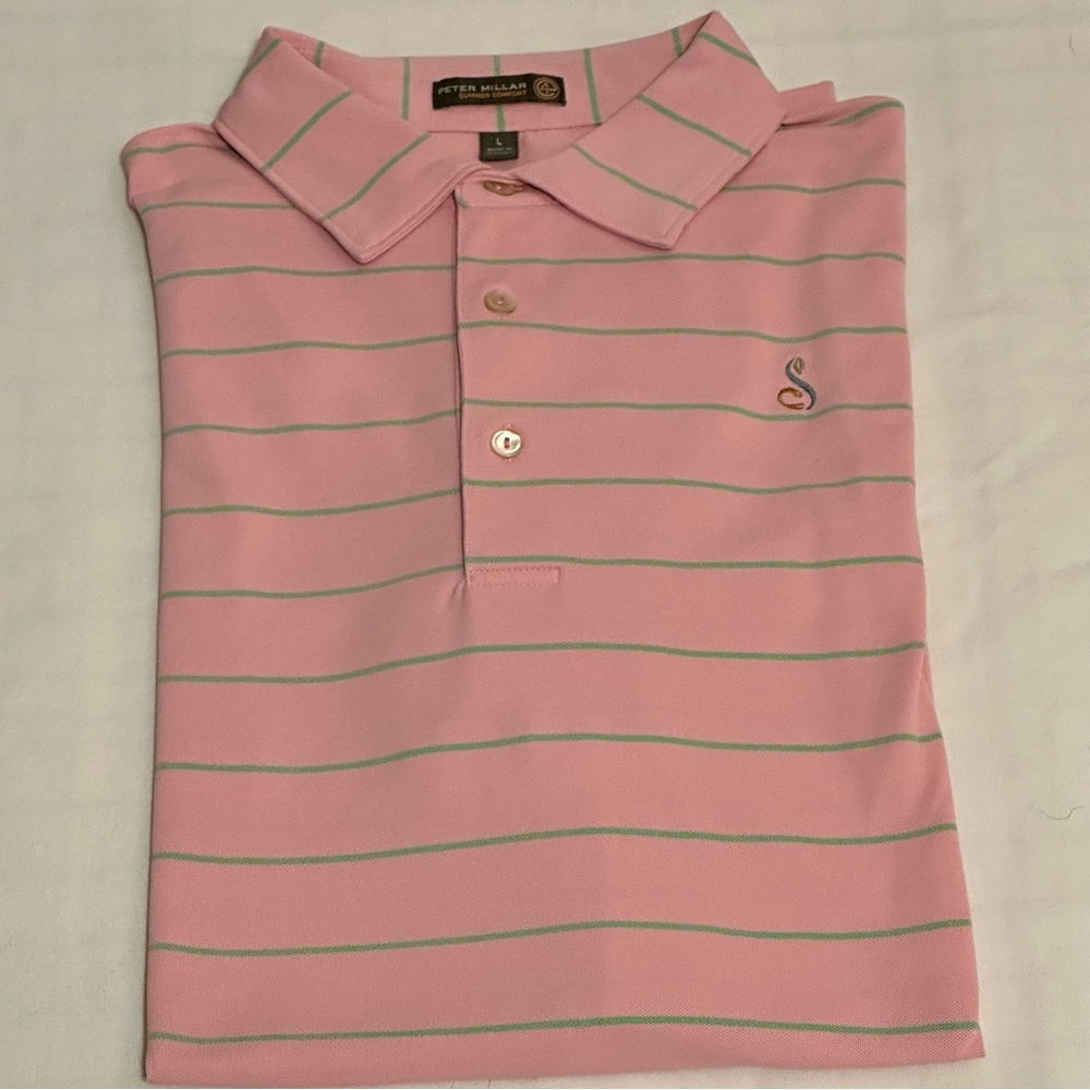 Peter Millar Summer Comfort Men’s Large Pink and Green Polo Shirt - Picture 4 of 5